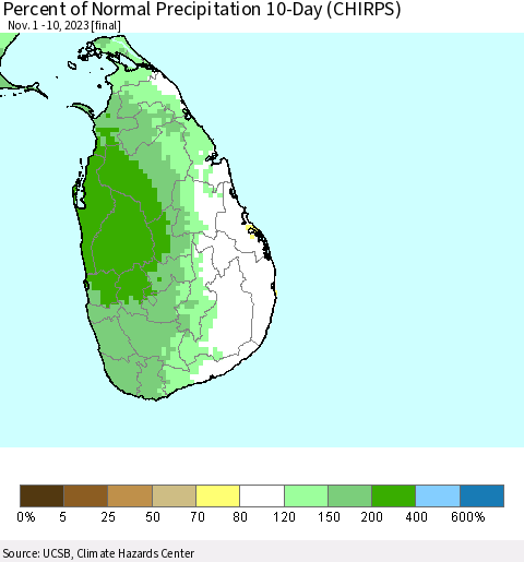 Sri Lanka Percent of Normal Precipitation 10-Day (CHIRPS) Thematic Map For 11/1/2023 - 11/10/2023