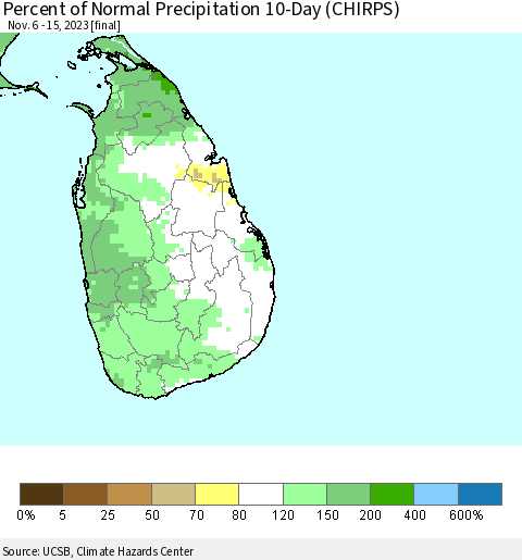 Sri Lanka Percent of Normal Precipitation 10-Day (CHIRPS) Thematic Map For 11/6/2023 - 11/15/2023