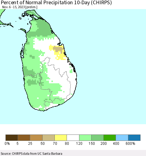 Sri Lanka Percent of Normal Precipitation 10-Day (CHIRPS) Thematic Map For 11/6/2023 - 11/15/2023