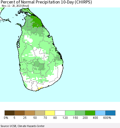 Sri Lanka Percent of Normal Precipitation 10-Day (CHIRPS) Thematic Map For 11/11/2023 - 11/20/2023