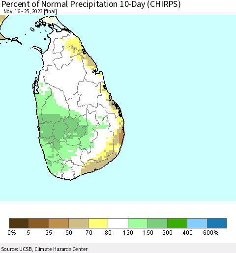 Sri Lanka Percent of Normal Precipitation 10-Day (CHIRPS) Thematic Map For 11/16/2023 - 11/25/2023