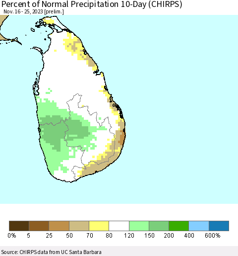 Sri Lanka Percent of Normal Precipitation 10-Day (CHIRPS) Thematic Map For 11/16/2023 - 11/25/2023