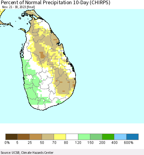 Sri Lanka Percent of Normal Precipitation 10-Day (CHIRPS) Thematic Map For 11/21/2023 - 11/30/2023