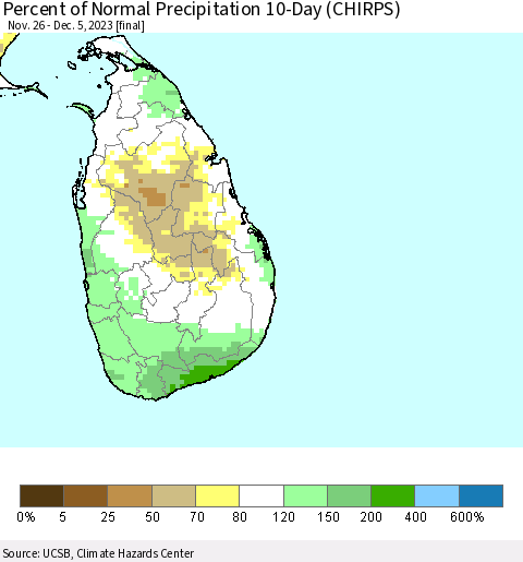 Sri Lanka Percent of Normal Precipitation 10-Day (CHIRPS) Thematic Map For 11/26/2023 - 12/5/2023