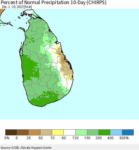 Sri Lanka Percent of Normal Precipitation 10-Day (CHIRPS) Thematic Map For 12/1/2023 - 12/10/2023