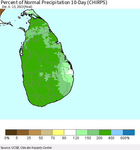 Sri Lanka Percent of Normal Precipitation 10-Day (CHIRPS) Thematic Map For 12/6/2023 - 12/15/2023