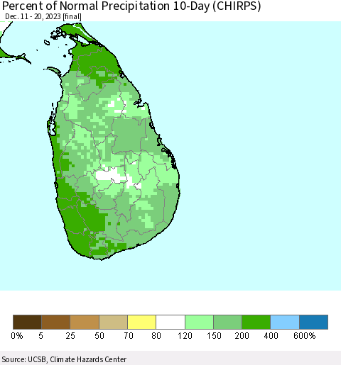 Sri Lanka Percent of Normal Precipitation 10-Day (CHIRPS) Thematic Map For 12/11/2023 - 12/20/2023