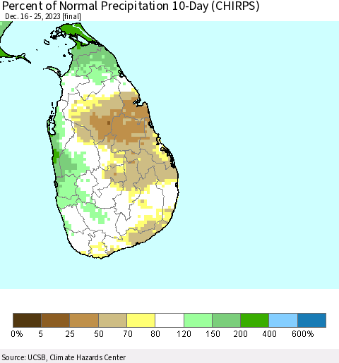 Sri Lanka Percent of Normal Precipitation 10-Day (CHIRPS) Thematic Map For 12/16/2023 - 12/25/2023