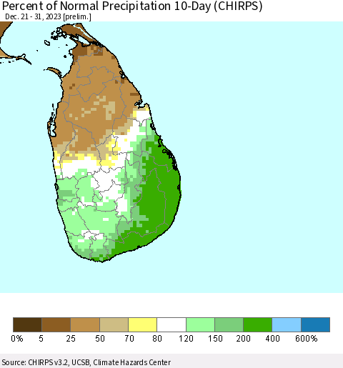 Sri Lanka Percent of Normal Precipitation 10-Day (CHIRPS) Thematic Map For 12/21/2023 - 12/31/2023