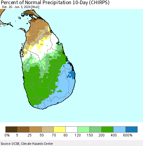 Sri Lanka Percent of Normal Precipitation 10-Day (CHIRPS) Thematic Map For 12/26/2023 - 1/5/2024