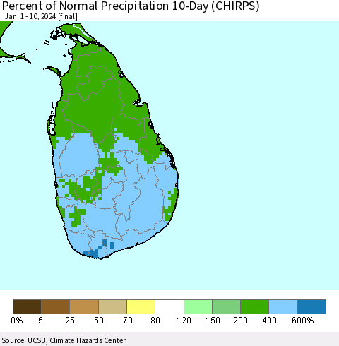 Sri Lanka Percent of Normal Precipitation 10-Day (CHIRPS) Thematic Map For 1/1/2024 - 1/10/2024