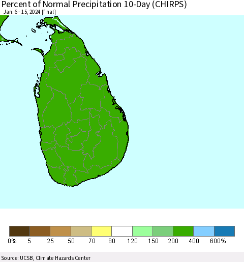 Sri Lanka Percent of Normal Precipitation 10-Day (CHIRPS) Thematic Map For 1/6/2024 - 1/15/2024