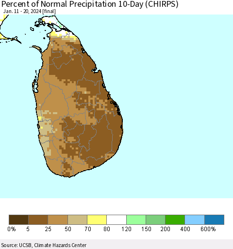 Sri Lanka Percent of Normal Precipitation 10-Day (CHIRPS) Thematic Map For 1/11/2024 - 1/20/2024
