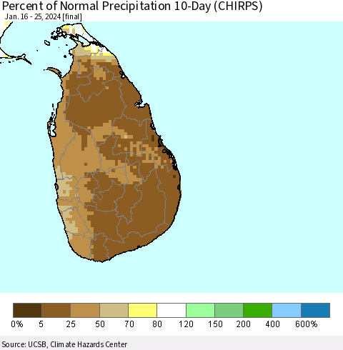 Sri Lanka Percent of Normal Precipitation 10-Day (CHIRPS) Thematic Map For 1/16/2024 - 1/25/2024