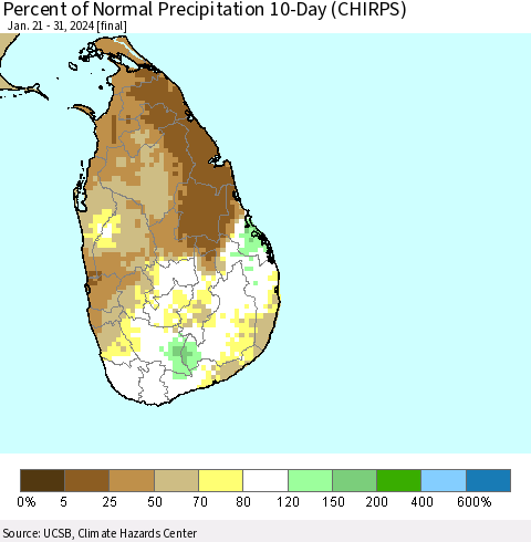 Sri Lanka Percent of Normal Precipitation 10-Day (CHIRPS) Thematic Map For 1/21/2024 - 1/31/2024