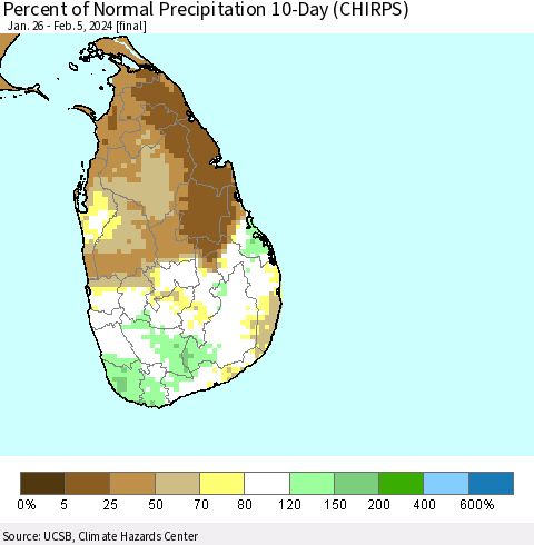 Sri Lanka Percent of Normal Precipitation 10-Day (CHIRPS) Thematic Map For 1/26/2024 - 2/5/2024