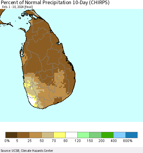 Sri Lanka Percent of Normal Precipitation 10-Day (CHIRPS) Thematic Map For 2/1/2024 - 2/10/2024