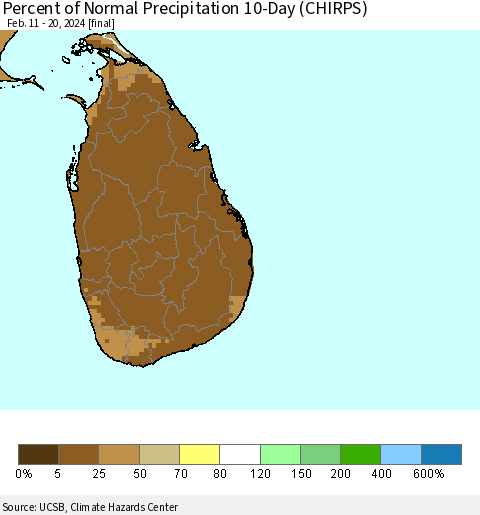 Sri Lanka Percent of Normal Precipitation 10-Day (CHIRPS) Thematic Map For 2/11/2024 - 2/20/2024