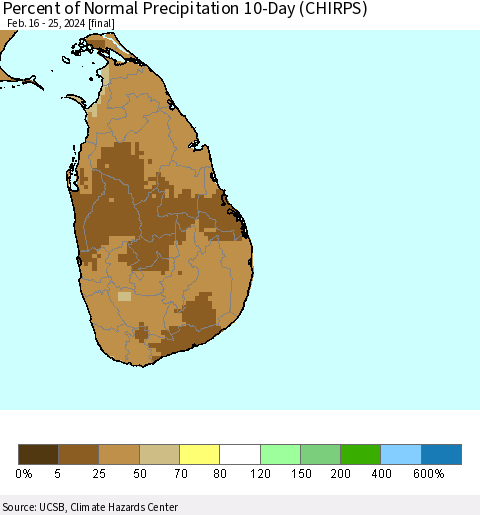 Sri Lanka Percent of Normal Precipitation 10-Day (CHIRPS) Thematic Map For 2/16/2024 - 2/25/2024
