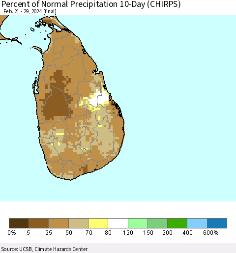 Sri Lanka Percent of Normal Precipitation 10-Day (CHIRPS) Thematic Map For 2/21/2024 - 2/29/2024