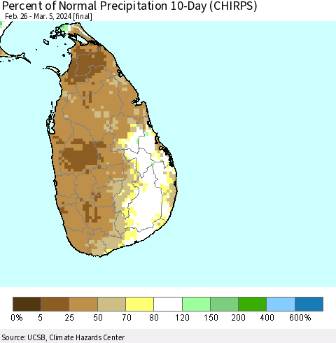 Sri Lanka Percent of Normal Precipitation 10-Day (CHIRPS) Thematic Map For 2/26/2024 - 3/5/2024