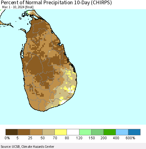 Sri Lanka Percent of Normal Precipitation 10-Day (CHIRPS) Thematic Map For 3/1/2024 - 3/10/2024