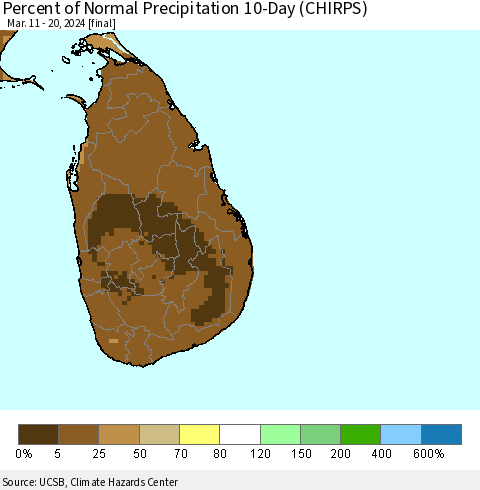 Sri Lanka Percent of Normal Precipitation 10-Day (CHIRPS) Thematic Map For 3/11/2024 - 3/20/2024
