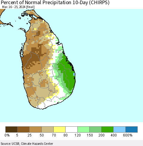 Sri Lanka Percent of Normal Precipitation 10-Day (CHIRPS) Thematic Map For 3/16/2024 - 3/25/2024