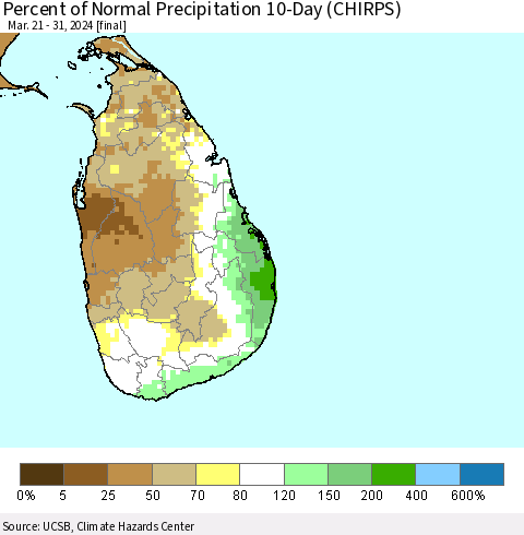 Sri Lanka Percent of Normal Precipitation 10-Day (CHIRPS) Thematic Map For 3/21/2024 - 3/31/2024