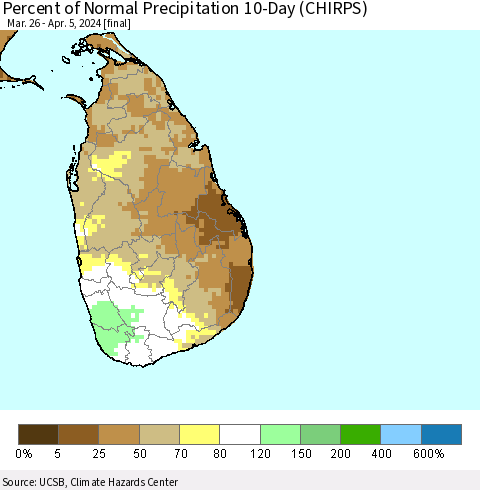 Sri Lanka Percent of Normal Precipitation 10-Day (CHIRPS) Thematic Map For 3/26/2024 - 4/5/2024
