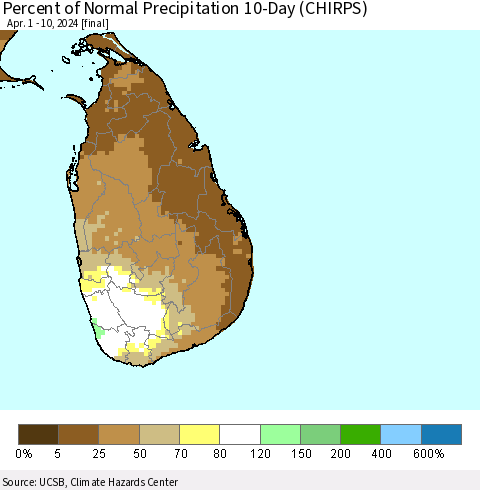 Sri Lanka Percent of Normal Precipitation 10-Day (CHIRPS) Thematic Map For 4/1/2024 - 4/10/2024