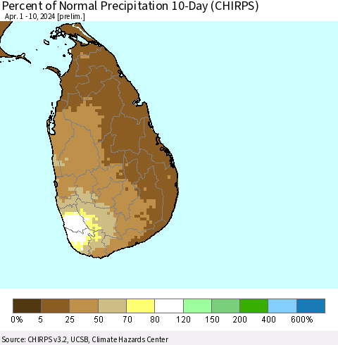 Sri Lanka Percent of Normal Precipitation 10-Day (CHIRPS) Thematic Map For 4/1/2024 - 4/10/2024
