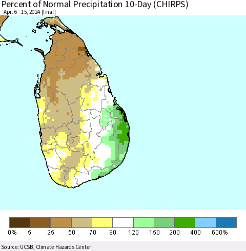 Sri Lanka Percent of Normal Precipitation 10-Day (CHIRPS) Thematic Map For 4/6/2024 - 4/15/2024