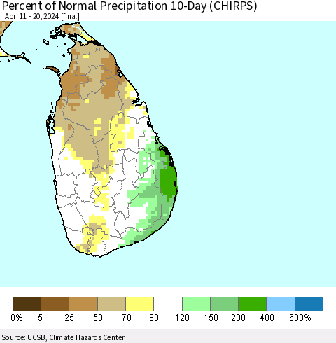 Sri Lanka Percent of Normal Precipitation 10-Day (CHIRPS) Thematic Map For 4/11/2024 - 4/20/2024