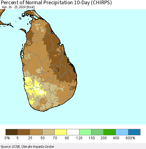 Sri Lanka Percent of Normal Precipitation 10-Day (CHIRPS) Thematic Map For 4/16/2024 - 4/25/2024