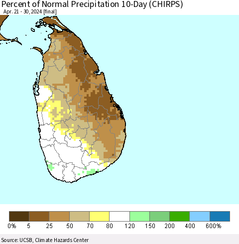 Sri Lanka Percent of Normal Precipitation 10-Day (CHIRPS) Thematic Map For 4/21/2024 - 4/30/2024