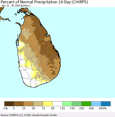 Sri Lanka Percent of Normal Precipitation 10-Day (CHIRPS) Thematic Map For 4/21/2024 - 4/30/2024