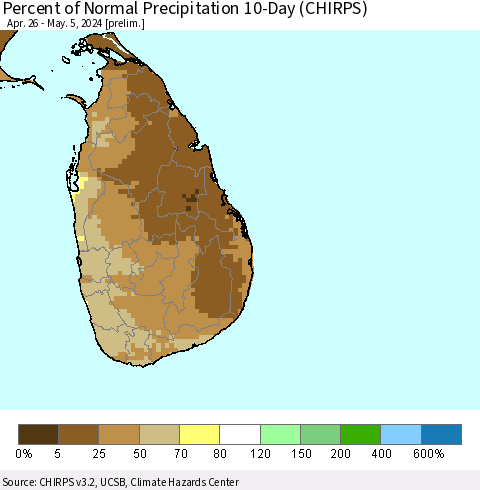 Sri Lanka Percent of Normal Precipitation 10-Day (CHIRPS) Thematic Map For 4/26/2024 - 5/5/2024