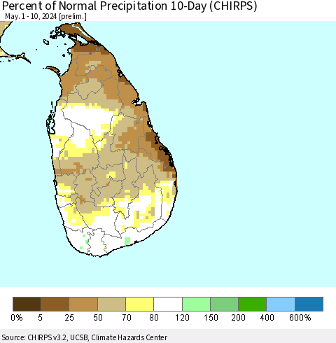 Sri Lanka Percent of Normal Precipitation 10-Day (CHIRPS) Thematic Map For 5/1/2024 - 5/10/2024