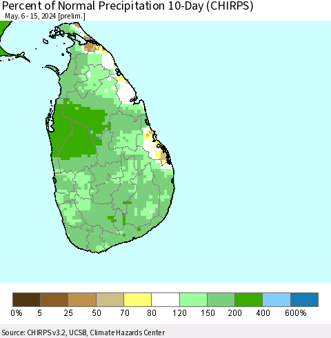 Sri Lanka Percent of Normal Precipitation 10-Day (CHIRPS) Thematic Map For 5/6/2024 - 5/15/2024