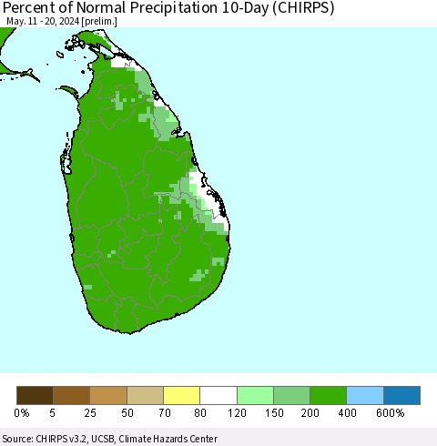 Sri Lanka Percent of Normal Precipitation 10-Day (CHIRPS) Thematic Map For 5/11/2024 - 5/20/2024