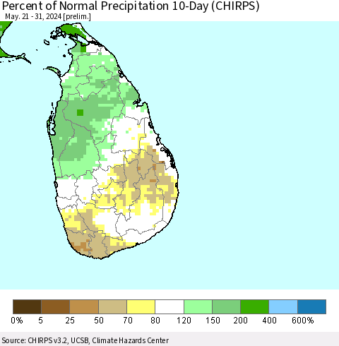 Sri Lanka Percent of Normal Precipitation 10-Day (CHIRPS) Thematic Map For 5/21/2024 - 5/31/2024