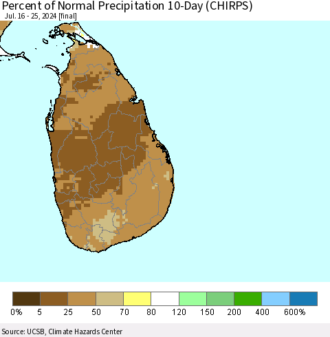 Sri Lanka Percent of Normal Precipitation 10-Day (CHIRPS) Thematic Map For 7/16/2024 - 7/25/2024