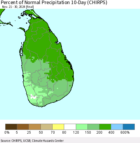 Sri Lanka Percent of Normal Precipitation 10-Day (CHIRPS) Thematic Map For 11/21/2024 - 11/30/2024