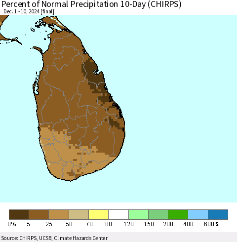 Sri Lanka Percent of Normal Precipitation 10-Day (CHIRPS) Thematic Map For 12/1/2024 - 12/10/2024