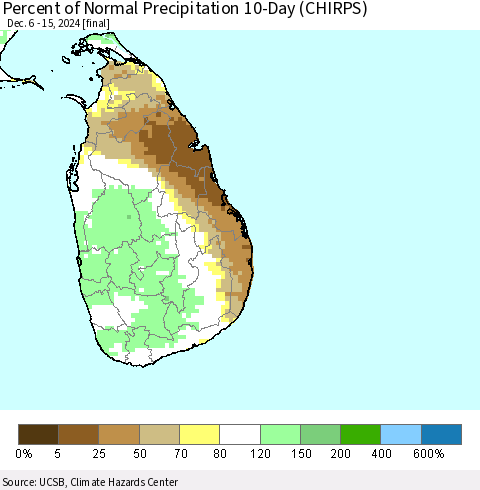 Sri Lanka Percent of Normal Precipitation 10-Day (CHIRPS) Thematic Map For 12/6/2024 - 12/15/2024