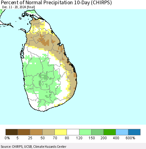 Sri Lanka Percent of Normal Precipitation 10-Day (CHIRPS) Thematic Map For 12/11/2024 - 12/20/2024