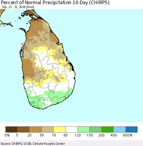 Sri Lanka Percent of Normal Precipitation 10-Day (CHIRPS) Thematic Map For 12/21/2024 - 12/31/2024