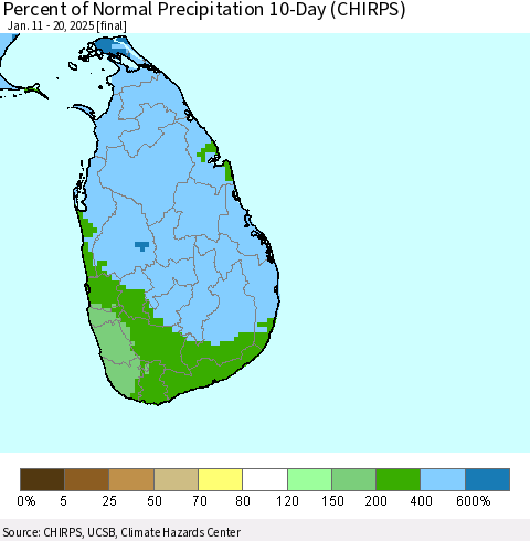 Sri Lanka Percent of Normal Precipitation 10-Day (CHIRPS) Thematic Map For 1/11/2025 - 1/20/2025