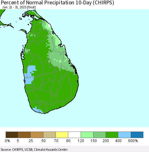 Sri Lanka Percent of Normal Precipitation 10-Day (CHIRPS) Thematic Map For 1/21/2025 - 1/31/2025